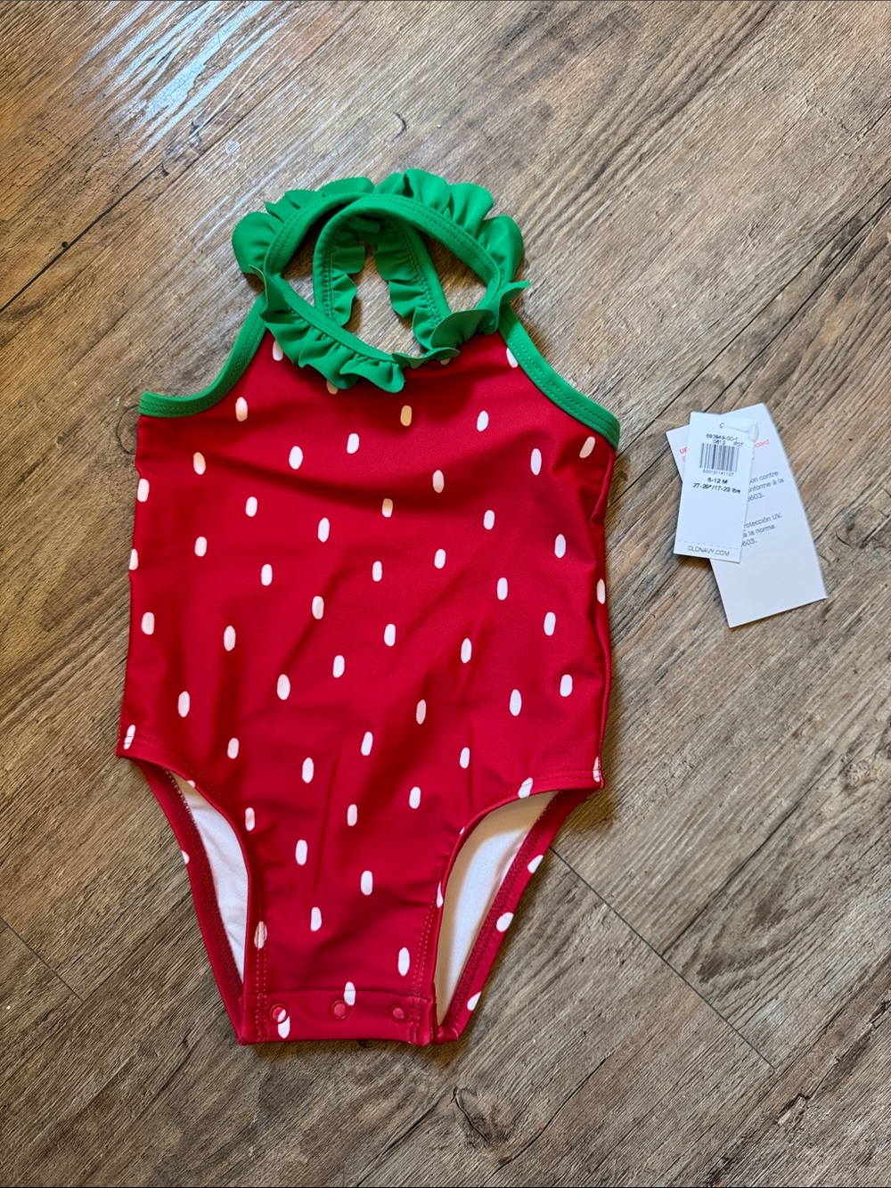 Old Navy Red Strawberry Print One-Piece Swimsuit with Green Ruffle Halter